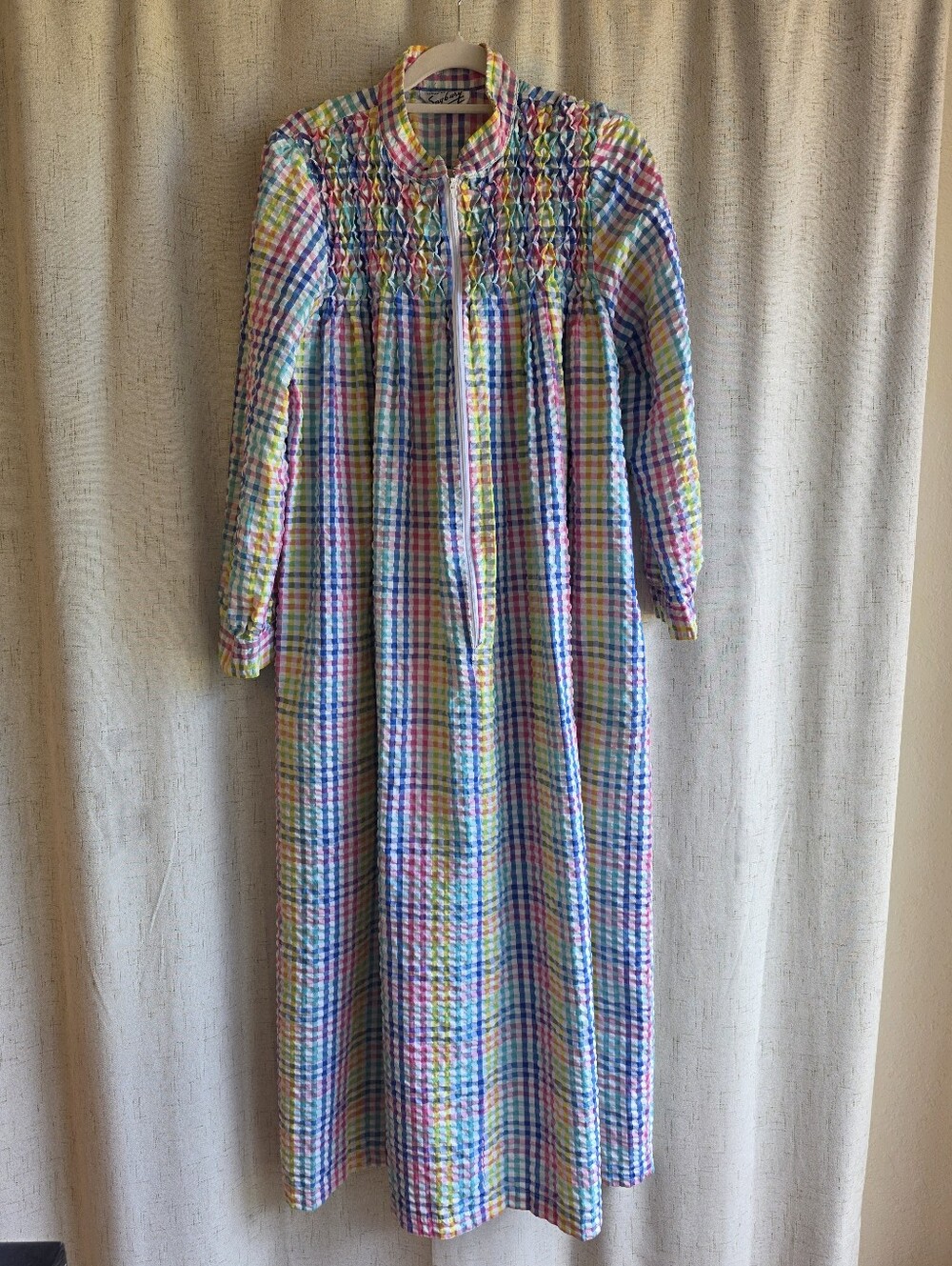 Saybury Vintage 80s Seersucker Rainbow Plaid Nightgown With Pockets